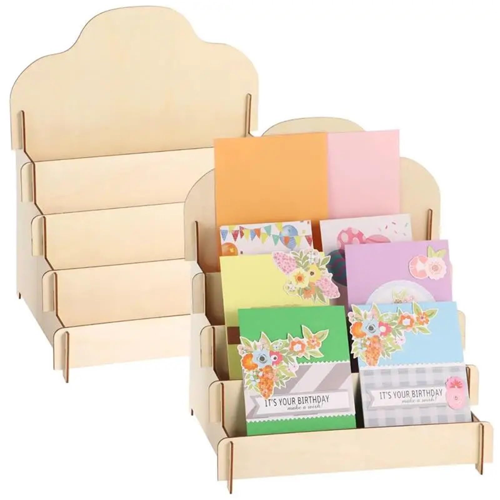 Expositor De Tarjetas De Felicitación 2 unids/set soportes de exhibición de tarjetas de felicitación estantes de exhibición de pegatinas de madera de 4 niveles organizadores de tarjetas estantes de ex