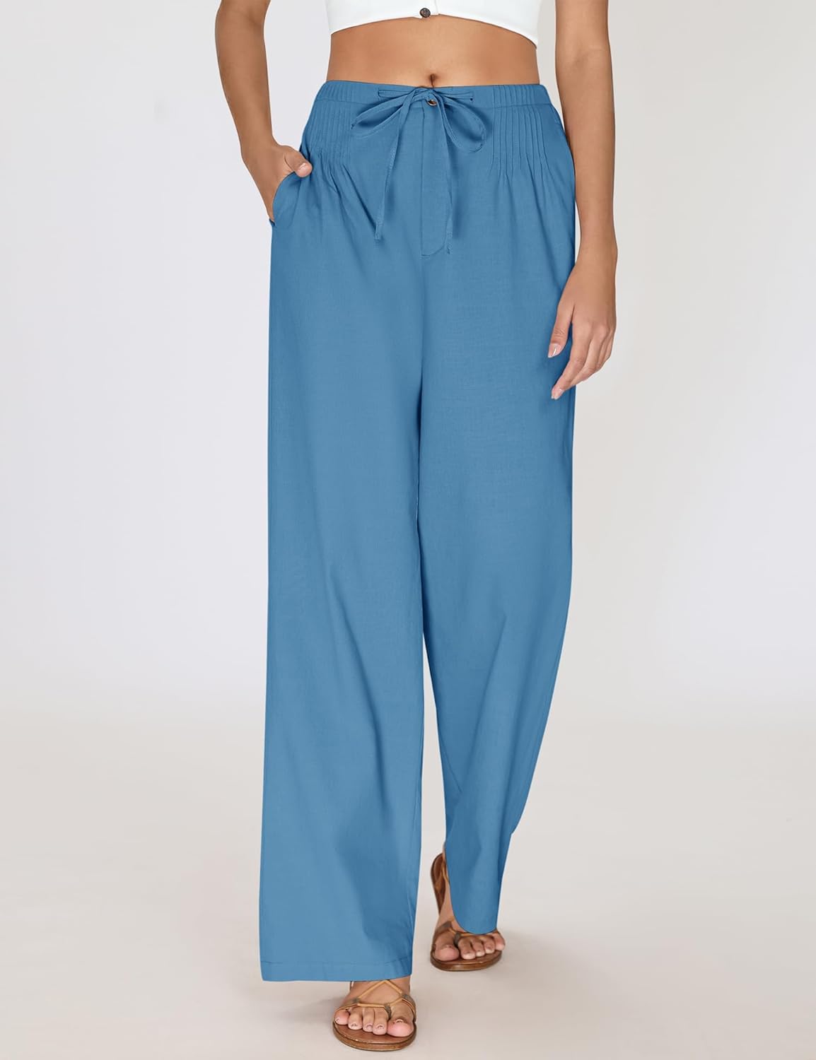 LOMON Womens Linen Pants Summer Wide Leg Cotton Pants Drawstring Elastic Waist Casual Loose Slacks Work Trousers with Pockets - Image 2