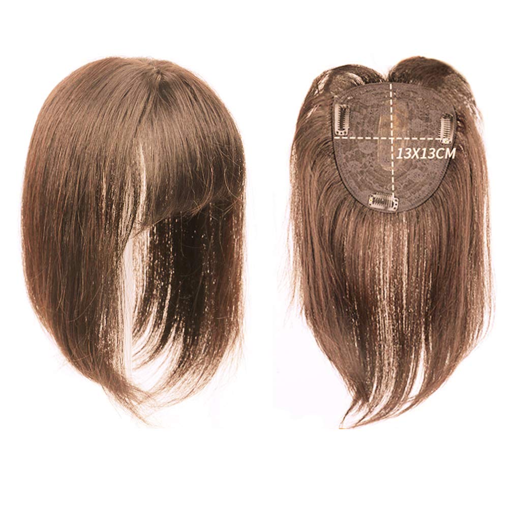 13x13cm Large Base With Simulated Skin Parting Design Clip in Hair Piece Forehead Human Hair Replacement with Air Bangs 12" Light Brown