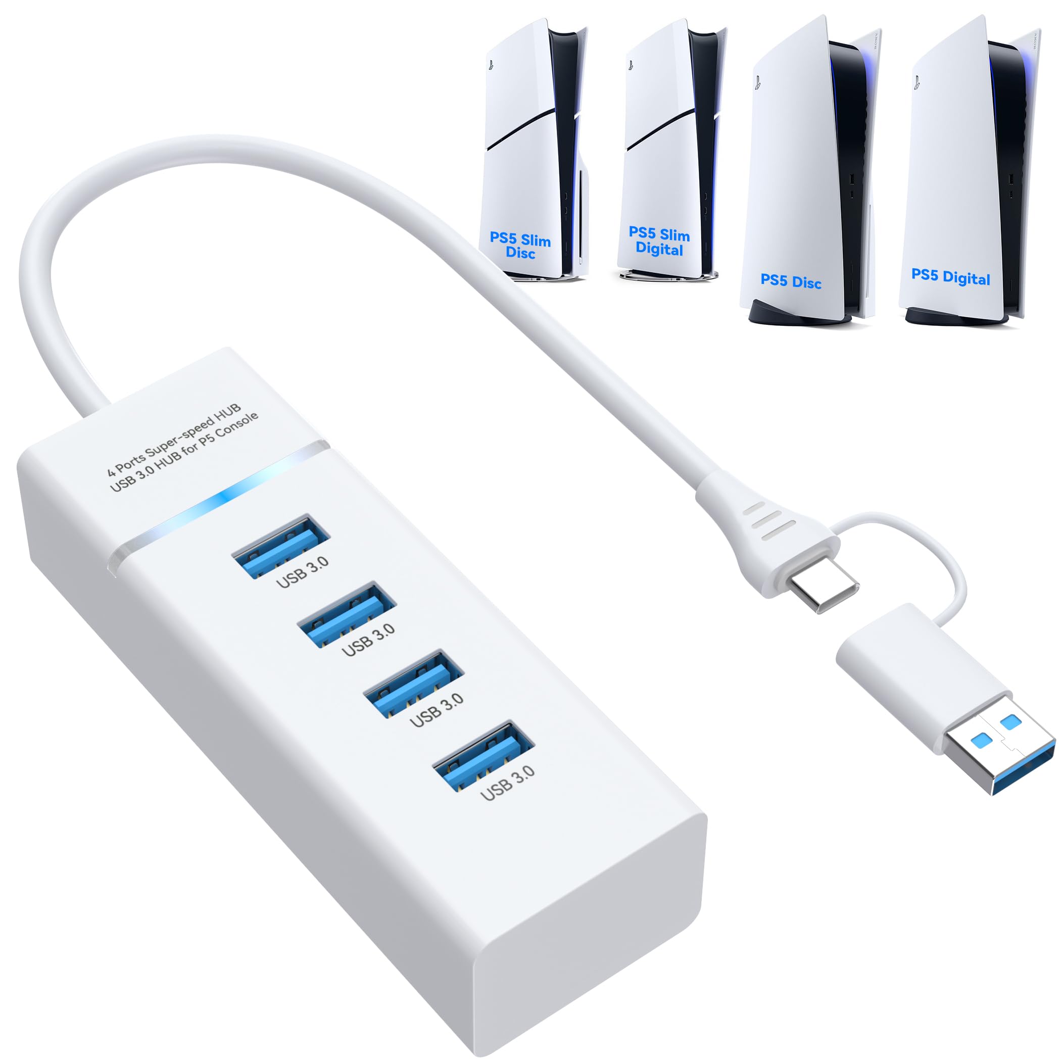 USB Hub for PS5 Pro, 4-Port USB 3.0 Splitter, Hiht-Speed USB Charging Hub for PS5 Slim Console, PS5 USB Port Expander, USB C to USB Hub with 0.66ft Extended Cable