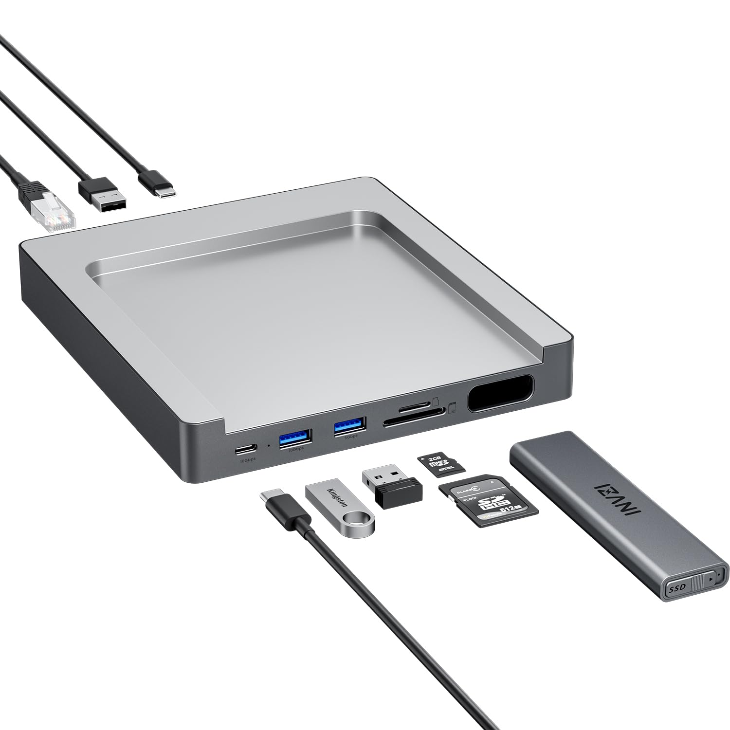 INVZI MagHub - Hub USB C 8 en 1 para iMac de 24 pulgadas 2021/2023/2024, adaptador de concentrador USB para M1/M3/M4, USB-C y USB-A de 10 Gbps, carcasa SSD M.2 NVMe/SATA, SD/TF, Gigabit Ethernet