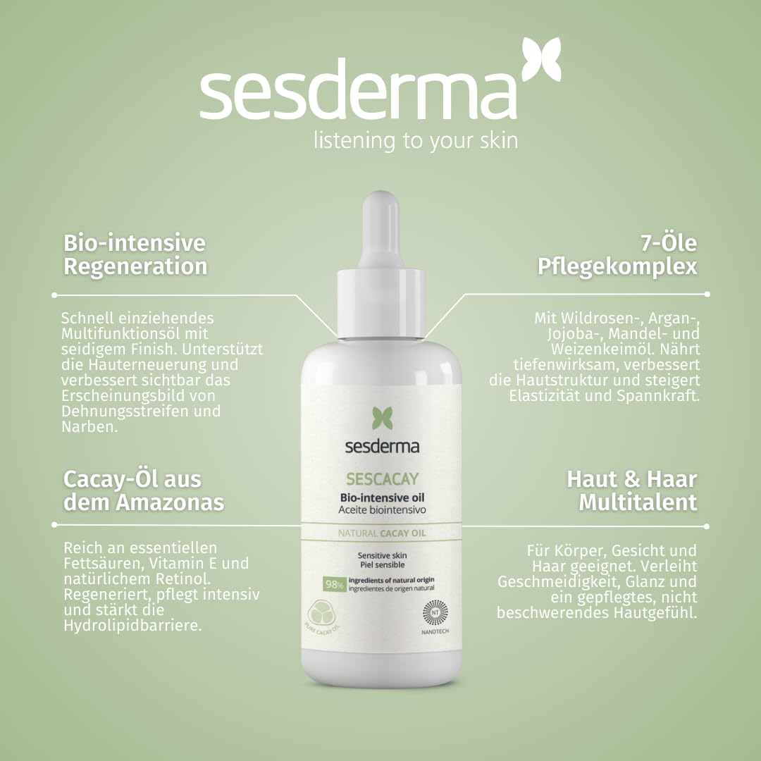 Sesderma Sescacay Bio-Intensivöl mit Cacay-Öl & HPR Retinoid 100 ml - Regenerierendes Körper & Haaröl gegen Dehnungsstreifen & Narben, Anti-Aging, Straffend, Feuchtigkeitsspendend
