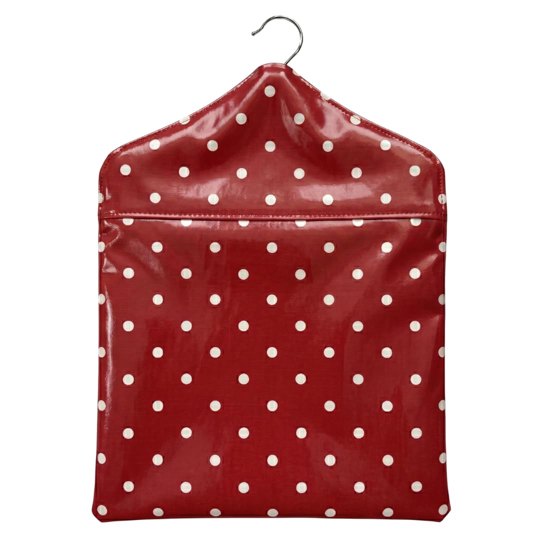 Jolee Fabrics Premium Oilcloth Peg Bags with Wooden Hanger - Large Waterproof Peg Bag, Clothes Clip Storage Perfect for Any Washing Line(Red Polka Dot)