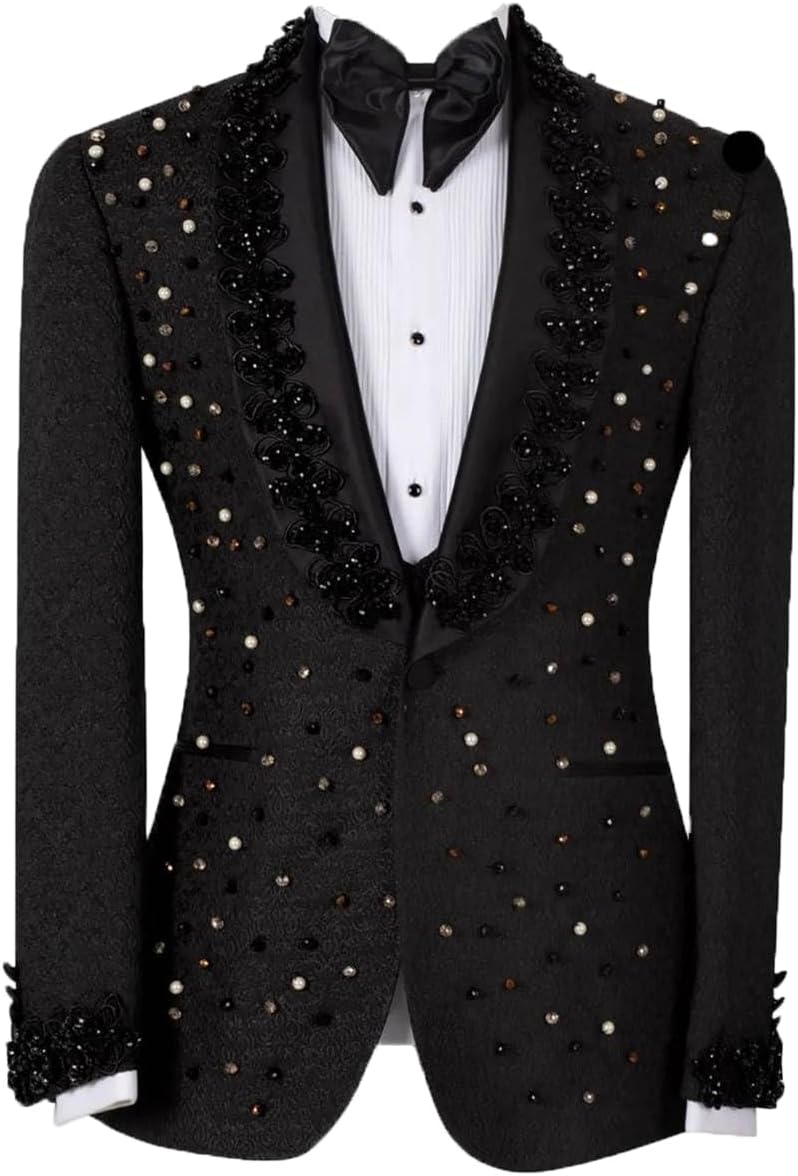 Men Sequined Tuxedo Jacket, Black, Embellished with Beads and Sequins Single Breasted