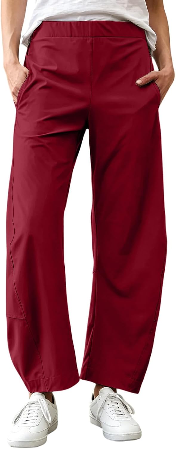 Womens Barrel Travel Pants Elastic Waistband Tapered Leg Baggy Mid Rise Work Trousers Lounge Pant with Pockets