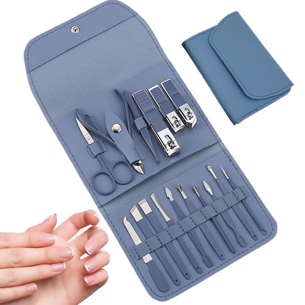 Zestaw do manicure dla kobiet, Nail Grooming Kit, Professional Manicure Kit, Stainless Steel Nail Cutting Kit for Men Women, Nail Clipper Set with Leather Case for Travel Gift (16PCS)(Blue)
