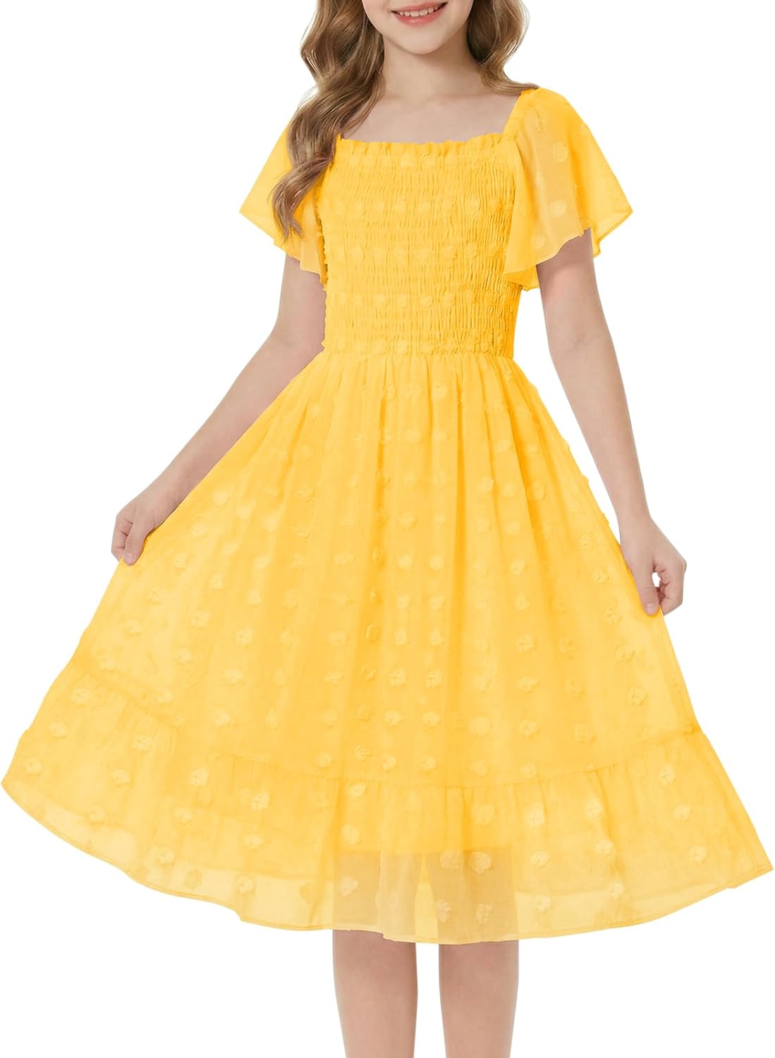 Girls Summer Dresses Kids Off Shoulder Flutter Sleeve Swiss Dot Formal Party Smocked Dress 5-14 Years