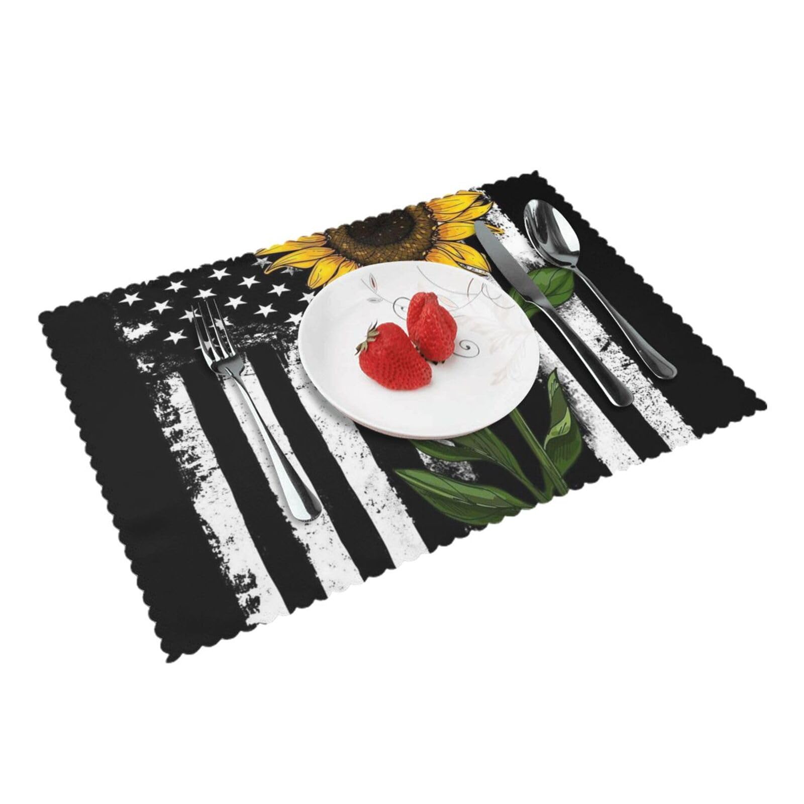 Bnvsadc Sunflower And American Flag 4 Pcs Heat Resistant Placemat 45X30 Cm, Printed Non-Slip Place Mats For Kitchen Dining Table Indoor Outdoor