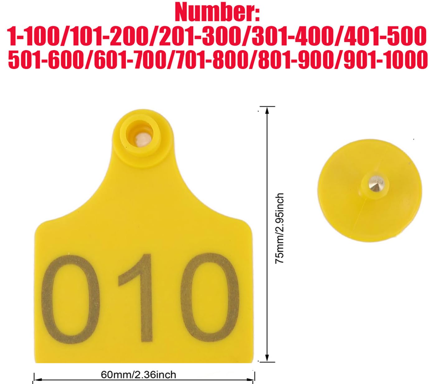 Kuh-Ohrmarke, Rinder-Tieridentifikations-Ohrmarke mit den Nummern 001-100/101-200/201-300~801-900/901-1000, geeignet für Rinder, Ziegen, Schweine und Rinder 801-900 Yellow