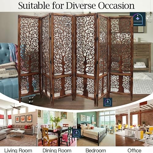 Image of Wooden Room Partition /Screen /Room Divider /Room Separator Traditional Handicrafts 6Ft (Dark Brown) (Tree 6 Panel)