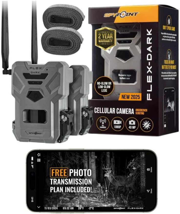 SPYPOINT Flex-Dark GPS-Enabled Cellular Trail Camera (Gray, 2-Pack) Bundle with Security Box, MicroSD 32GB Class 10 Memory Card, Cable Lock, and Card Reader (8 Items)