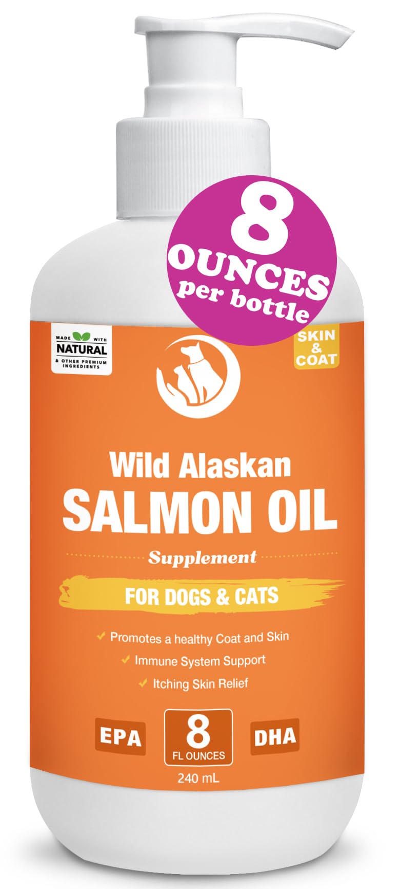 Wild Salmon Oil for Dogs & Cats 8oz Omega 3 Fish Oil Skin & Coat Supplement Pure Fish Omega 3 6 9 Liquid EPA DHA Fatty Acids - Itchy Relief Supports Joint Function, Brain, Eye, Immune & Heart Health
