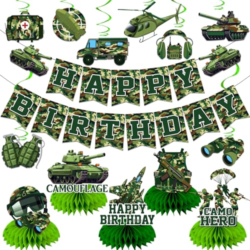 Camo Birthday Party Decorations, Army Birthday Decoration includes Military Party Decorations Banner and Camoflage Hanging Swirls for Boys Party Supplies