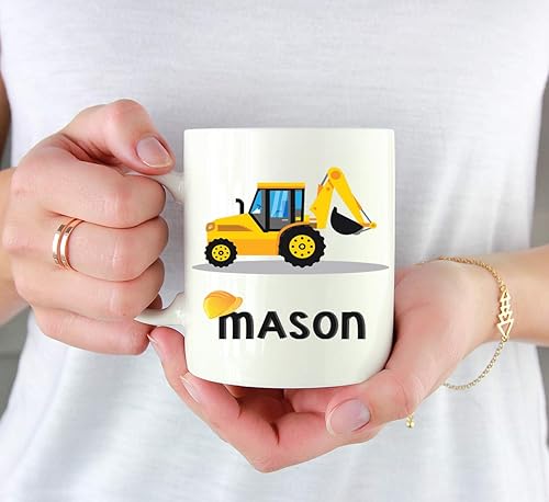 Miniatura 3 de Andaz Press Taza de chocolate caliente personalizada de 11 onzas para niños, cargador de retroexcavadora de camión de construcción amarilla, 1