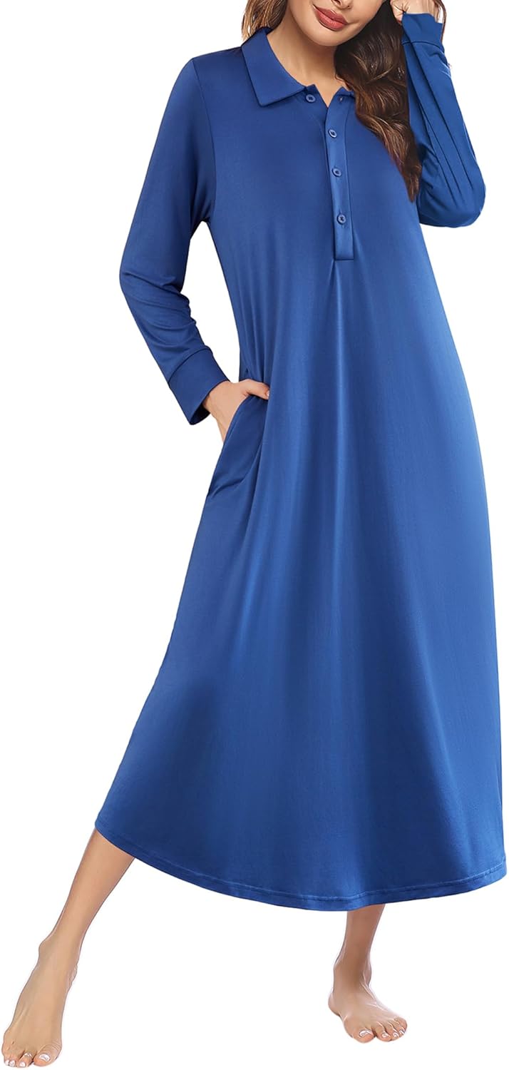 Ekouaer Nightgowns for Women Long Sleeve Sleepshirt Button Nightshirt Plaid Full Length Sleepwear with Pockets S-XXXL