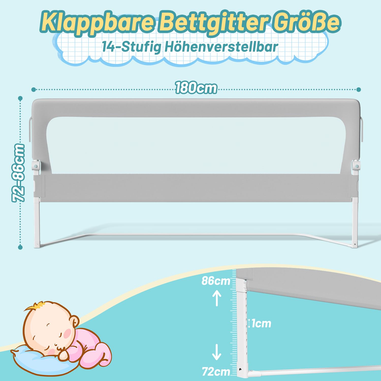 Tubiaz Griglia per lettino da 180 cm, pieghevole, altezza regolabile 72-86 cm, con piedini trapezoidali e cinghie di fissaggio, colore: grigio