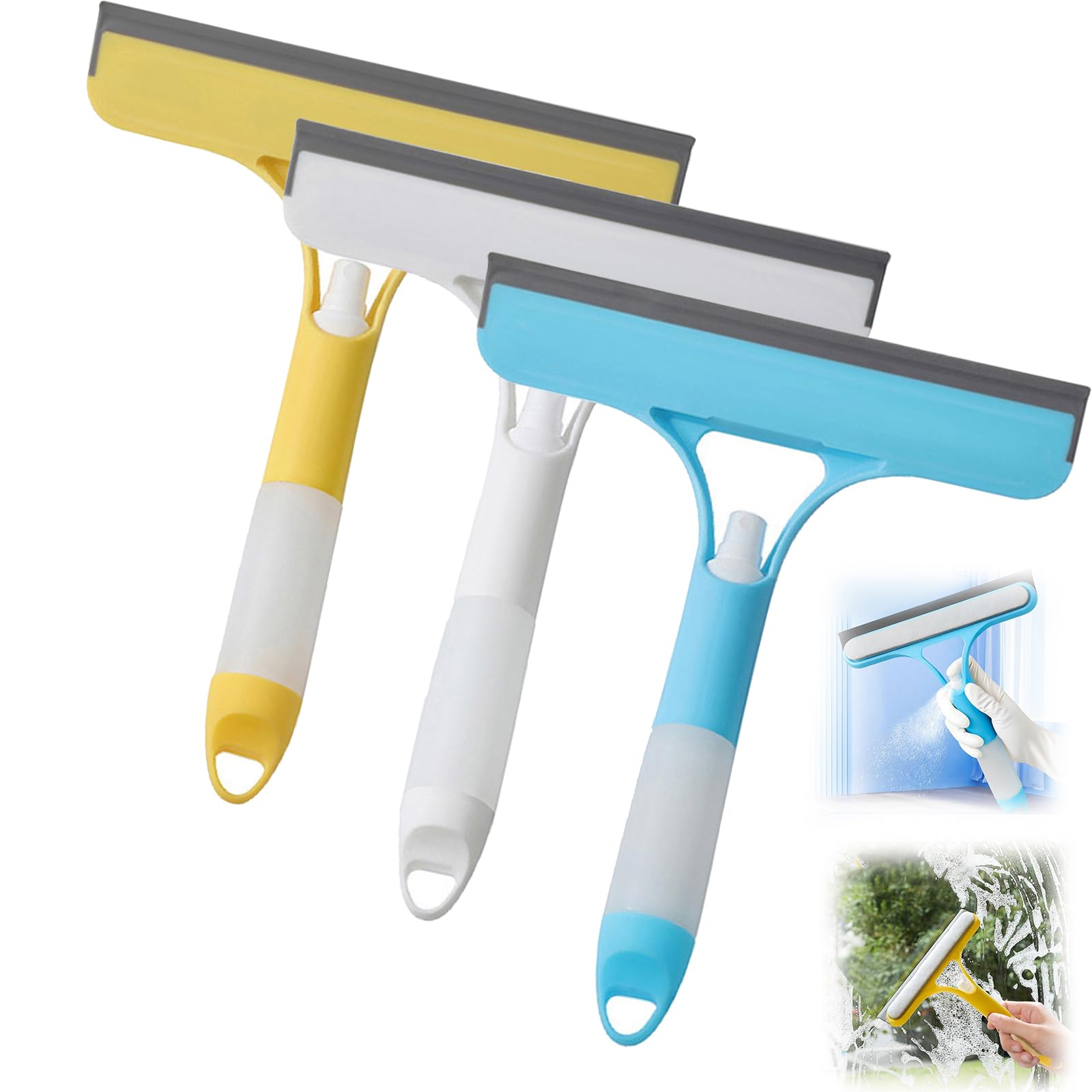 Tasber 3Pcs 3 In 1 Window Cleaning Scraper, Window Squeegee With Spray, Window Scraper Glass Cleaning Wiper, Squeegee Cleaner With Spray Bottle For Car, Home Kitchen (3Pcs)