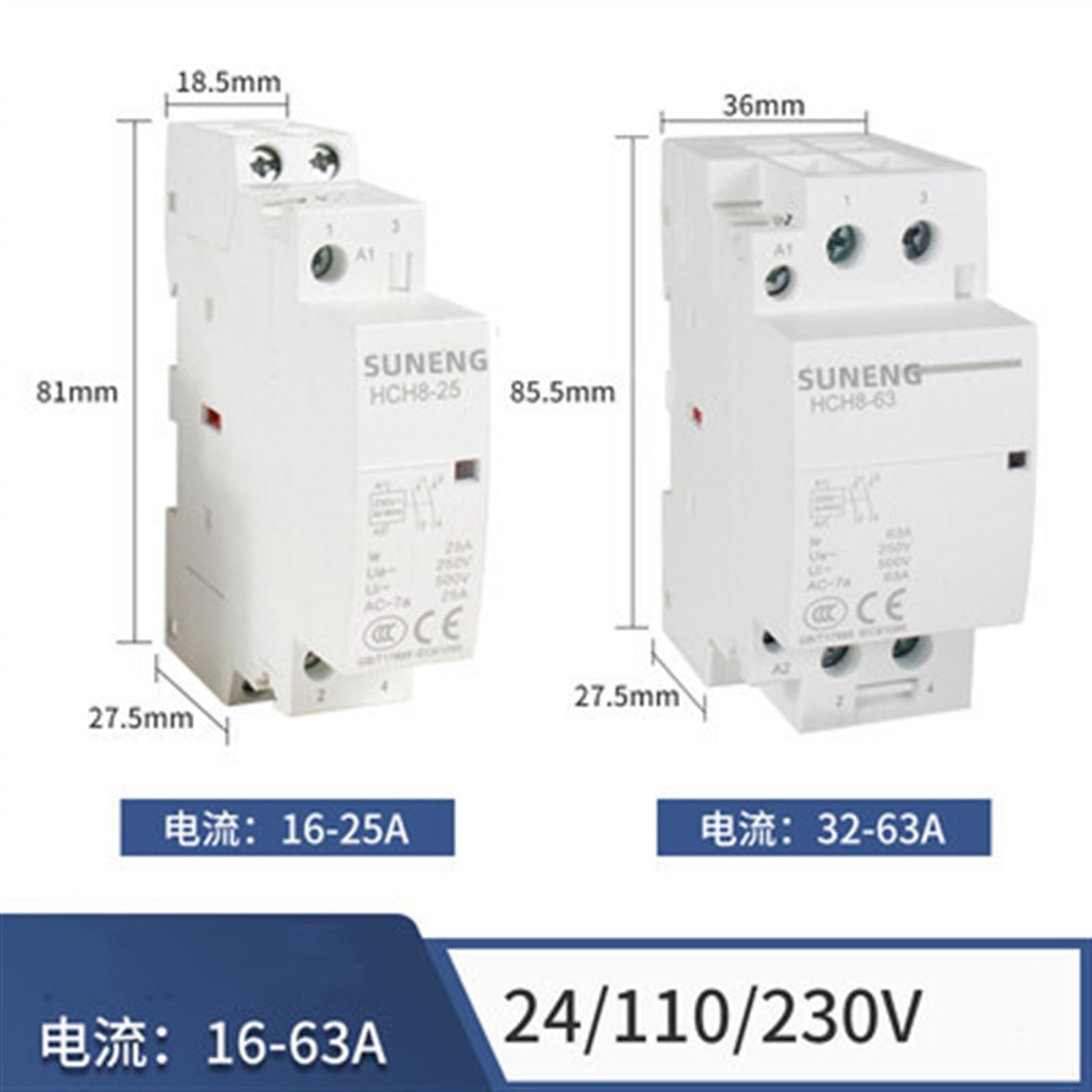 Contactor modular 2P 16A 20A 25A 32A 40A 63A 24V/110V/230V 50/60HZ Contactor de CA doméstico 2NO/2NC o 1NO 1NC(230V40A, 2NO)