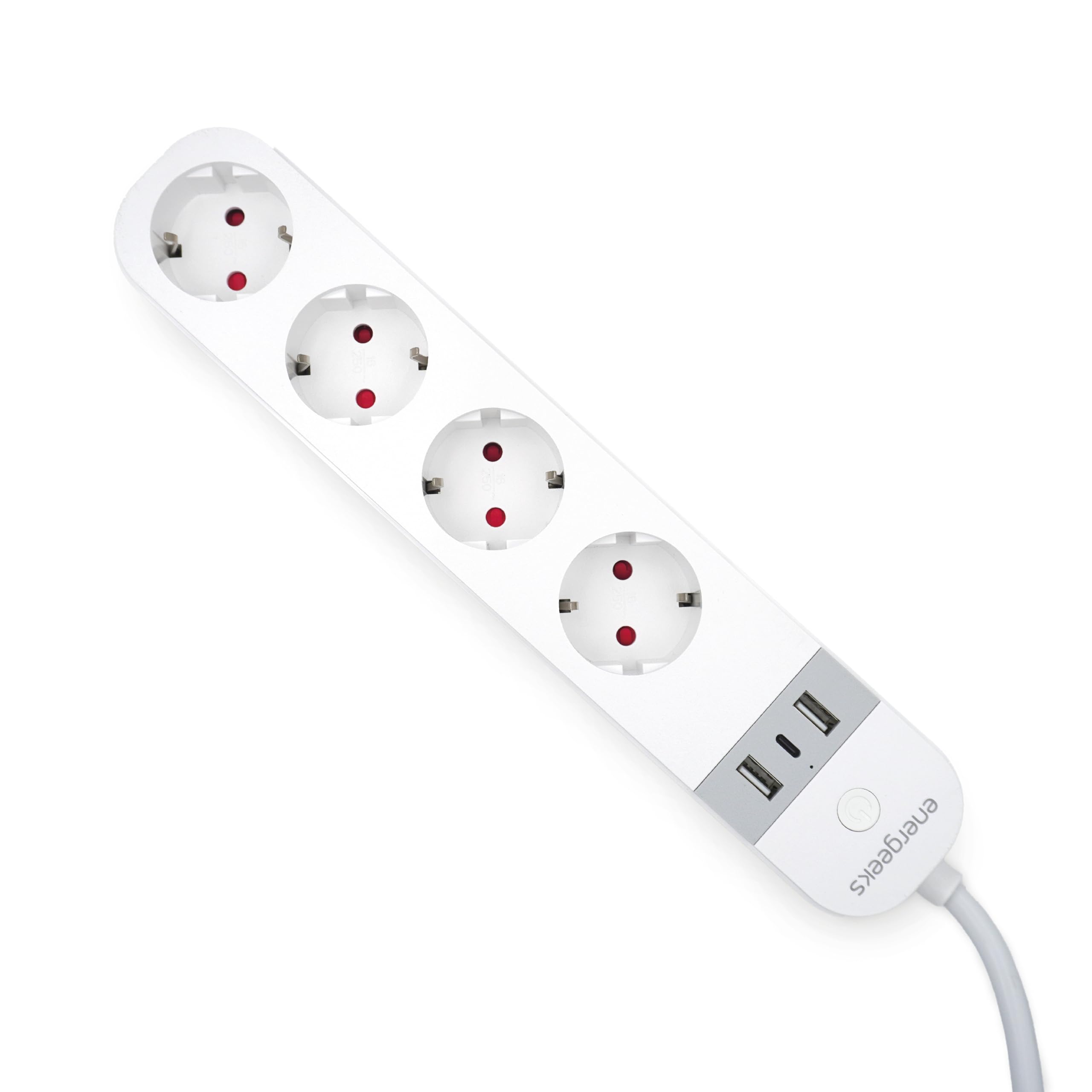 Energeeks - Regleta Enchufe WiFi Inteligente - Medidor de Consumo Integrado - 4 Entradas - 2 USB - 1 USB-C - Tipo Schuko - 2,4 GHz - 16A/3680W - 240V/60Hz - App Móvil - Compatible con Alexa y Google