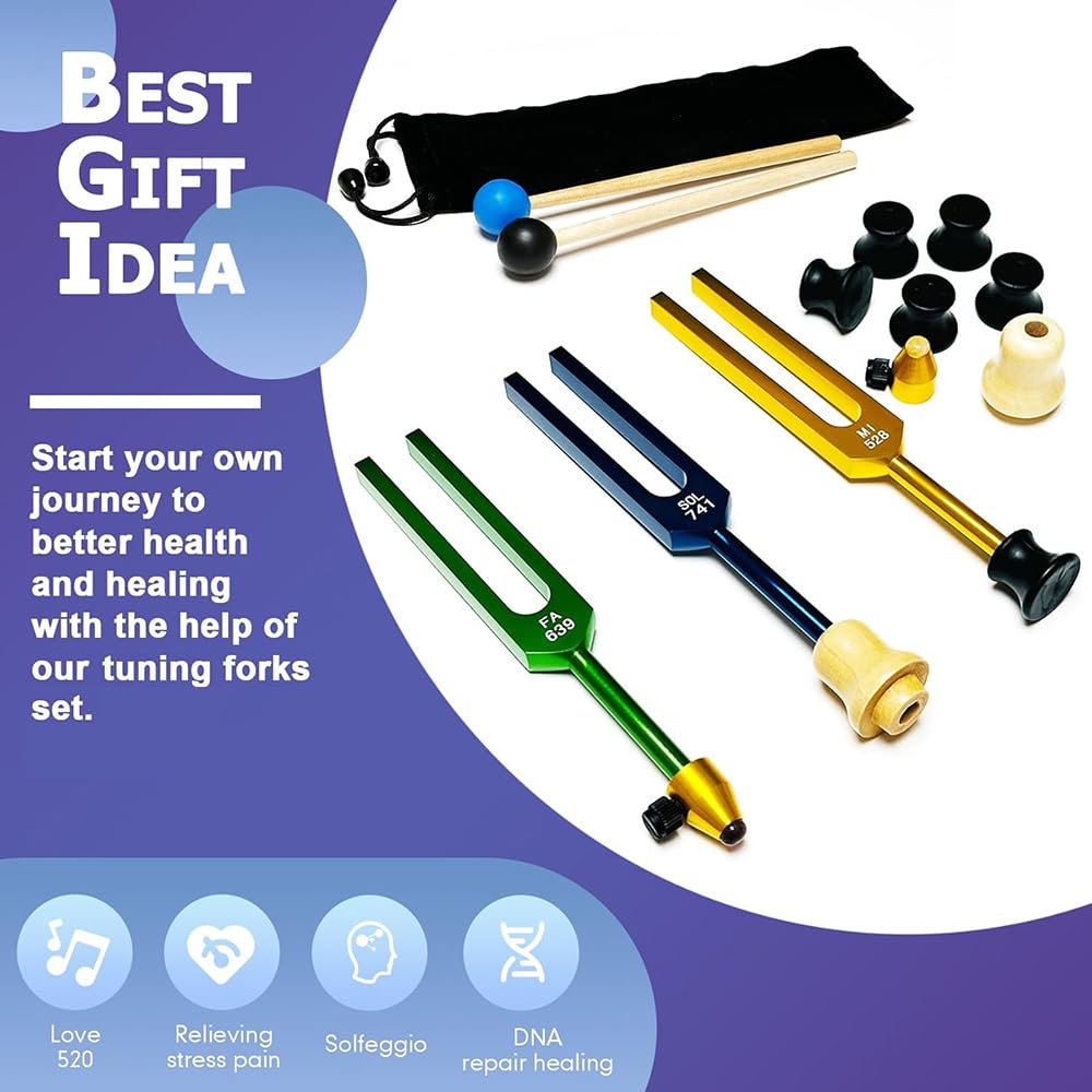NEWFUN Stimmgabel,Stimmgabel Neurologie,10er Set (174 Hz, 285 Hz, 396 Hz, 417 Hz, 432 Hz, 528 Hz, 639 Hz, 741 Hz, 852 Hz, and 963 Hz), für Klangtherapie Gewichtete Stimmgabel Geeignet Meditation