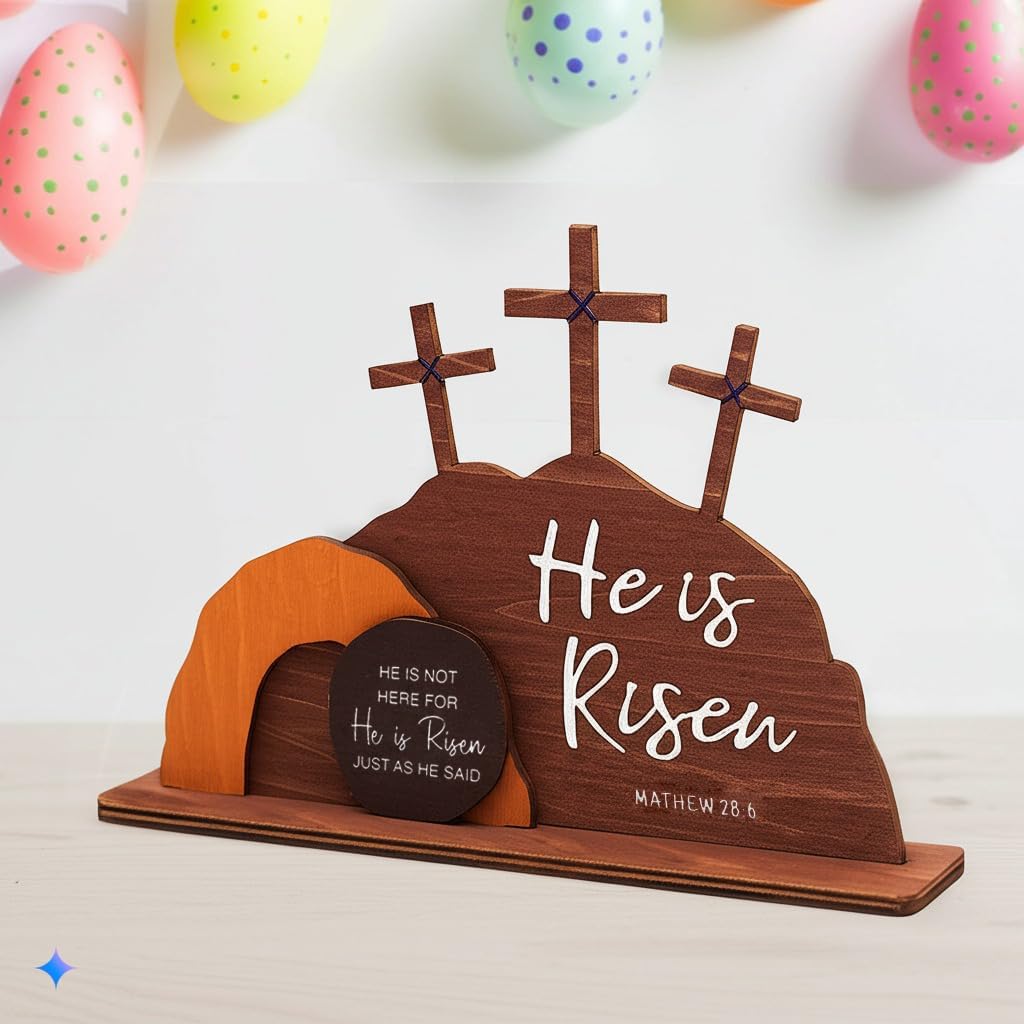 Empty Tomb Easter Decor, He is Risen Cross, Easter Christian Decor for Home, He is Risen Sign, Cross Jesus Home Table Decorations, Tabletop Decor Indoor, Gifts for Men, Women
