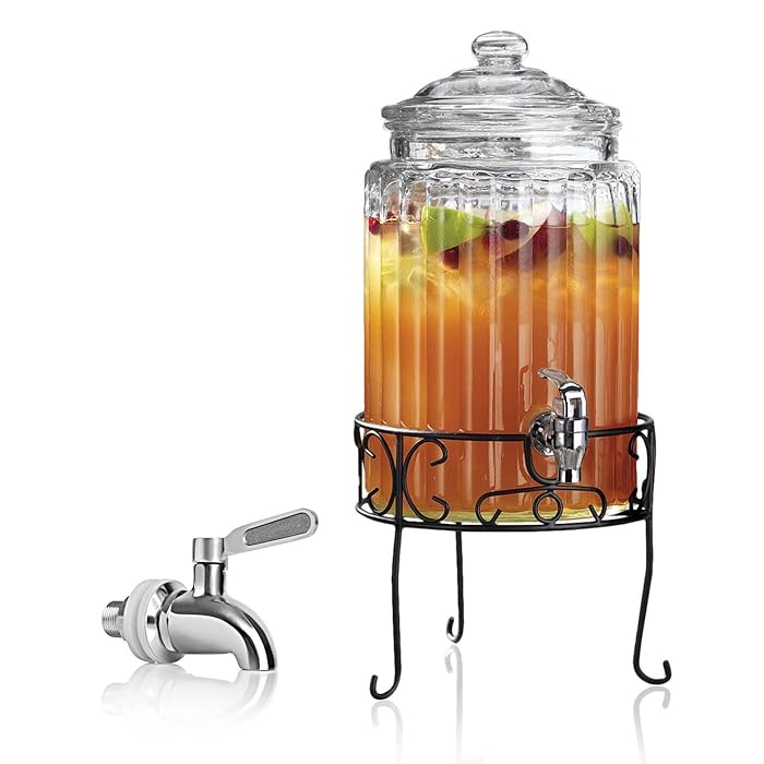Buy Glass Beverage Drink Dispenser Elegant Ribbed Design on Metal