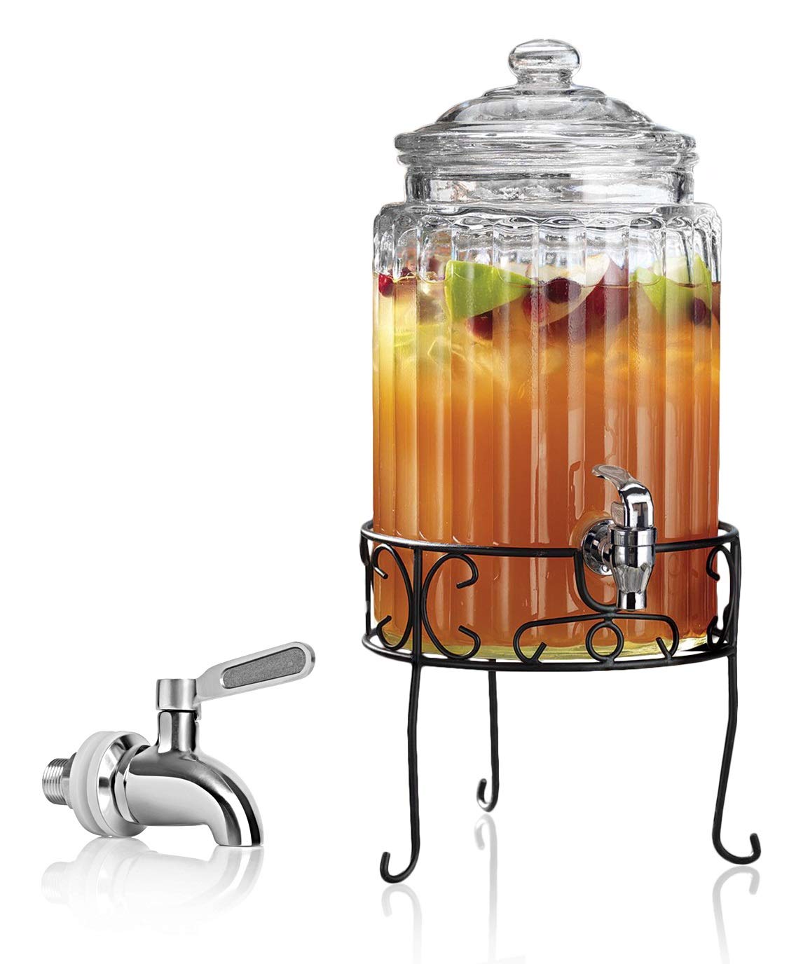 Buy Glass Beverage Drink Dispenser Elegant Ribbed Design on Metal Base Stand 1.5 Gallon