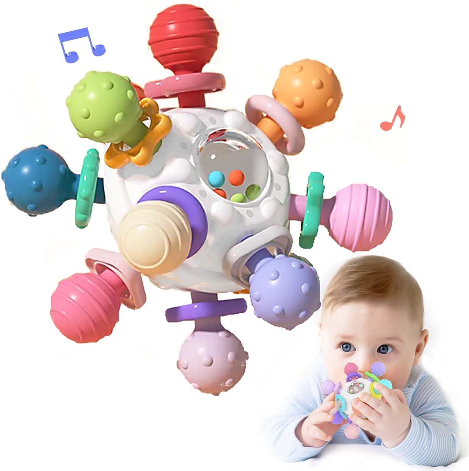 Sensory Teething Toys Teether for 3 Months Baby, Grabbing Ball Baby Toy, Silicone Teething Ring, Montessori Motor Skills Toy, Baby Rattle, Babies Gifts for 0 6 9 Months 1 Year (White)