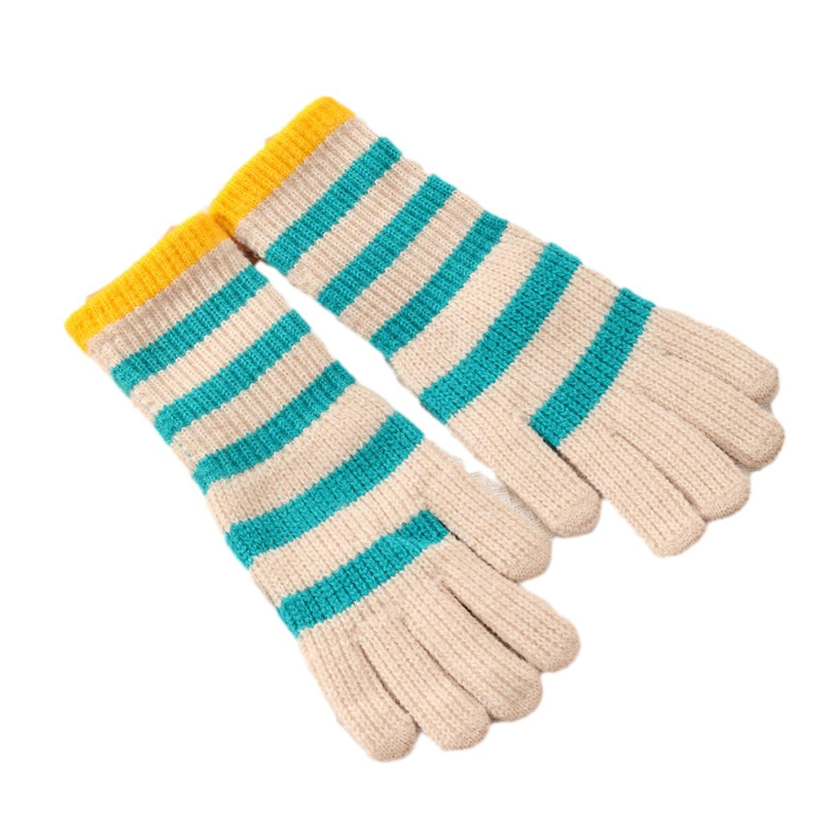 Smed Unisex Green Women's Striped Extended Finger Open Hole Gloves Warm And Cold-Proof Knitted Wool,
