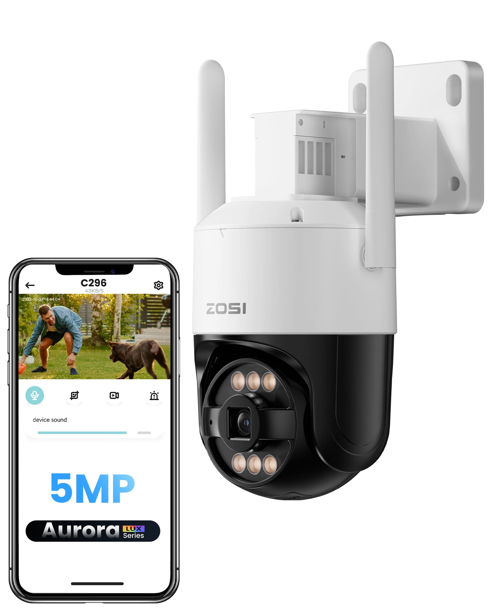 ZOSI AuroraLux 5MP Telecamera di Sorveglianza WiFi Senza Fili, Telecamera PT Vista a 360°, Rilevamento di Persona e Veicolo, Allarme Intelligente e Audio Bidirezionale, C296