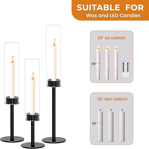 Miniatura 8 de Juego de portavelas cónico, negro con huracán de cristal, modernos portavelas para decoración de comedor, decoración de boda, centros de mesa de