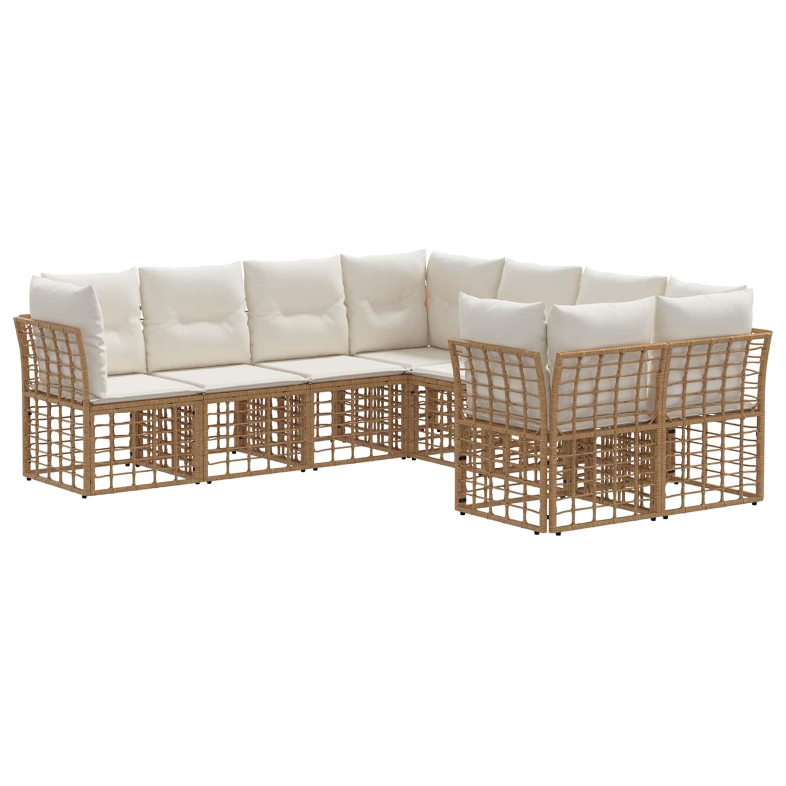 Juego de 8 sofás de exterior modular de polirratán, conjunto de asientos flexibles para terraza y jardín, incluye cojines de asiento y respaldo, color natural y blanco crema