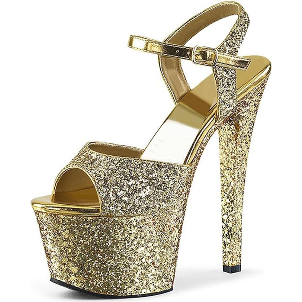 Hyfzxwx Women's A Gold Sequin Platform Sandals Stiletto High Heels Sexy Stripper Club Pole Dance Show Heels Wedding Dress Party Shoes Unisex Large Size /A/34Eu