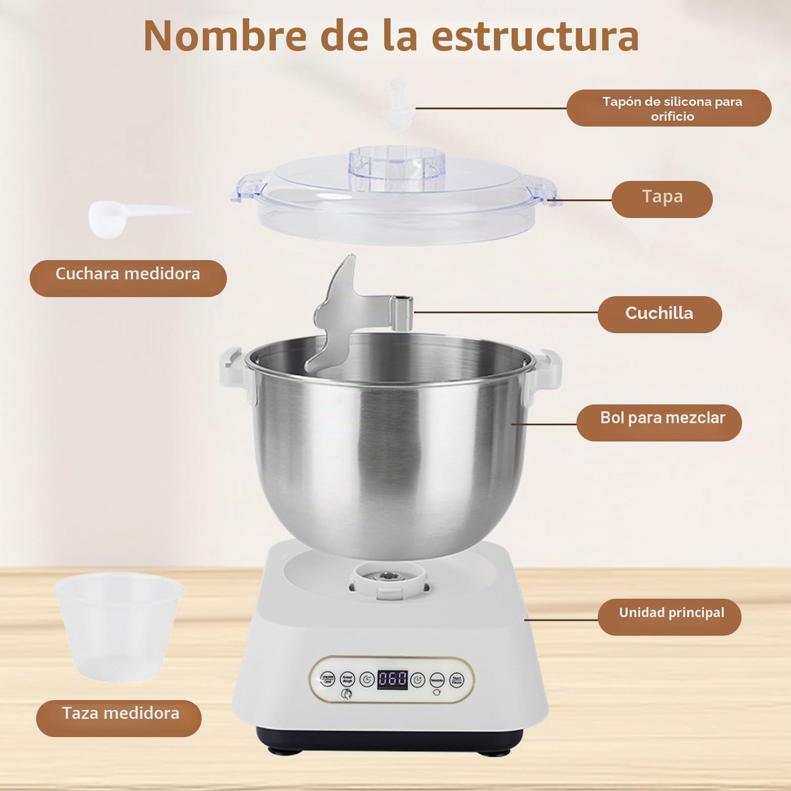 Amasadora de pasta de acero inoxidable, 7 l, gran volumen, con función de fermentación termostática (25 – 38 °C), amasadora automática con cuchilla de corte para cocinar en casa
