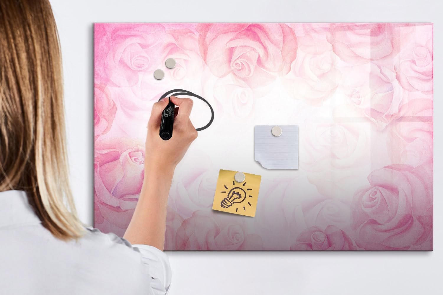 Großes Glas-Magnetboard inkl. Neodym-Magnete, Marker & Schwamm | Robuste Glasfläche | Perfekt für Wandmontage in Büro, Schule & Küche- 90x60 - Rosenabstraktion