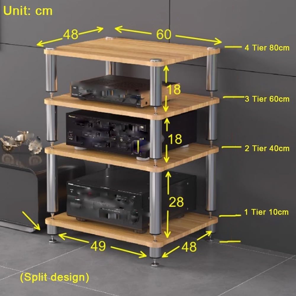 4-stöckiges AV Media Regal aus Holz Plattenspieler Ständer Stereoanlage Audio Tower Medienkonsole mit Ablagefach Audio Video Komponenten (Teak)