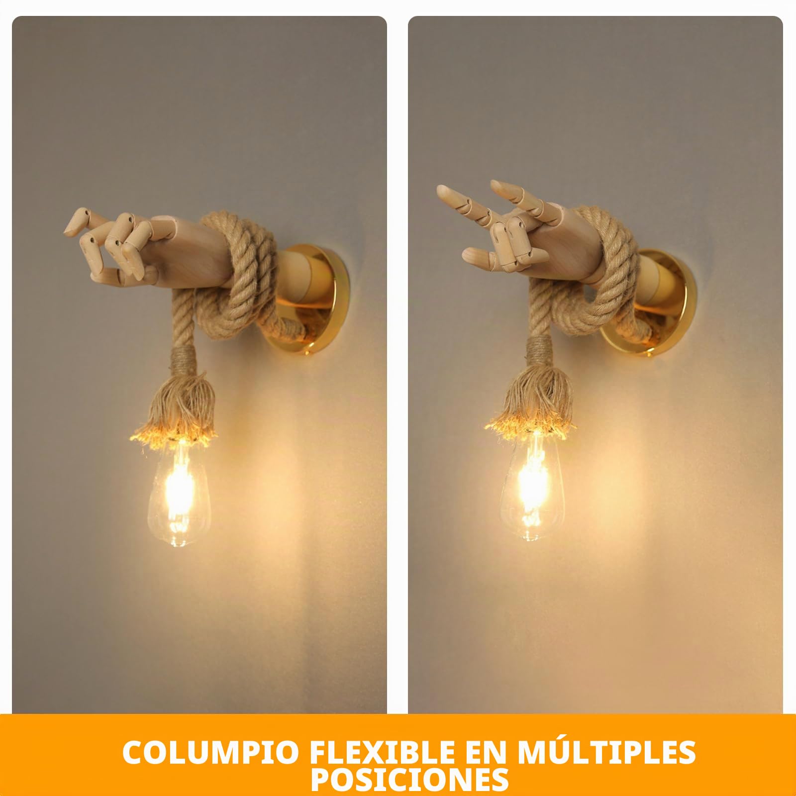 Aplique de Pared de Madera, Lámpara Iluminación en Forma de Mano, E27 Rústico Lampara de Pared Cuerda de Cáñamo para Dormitorio,Salón,Pasillo (Mano Izquierda)