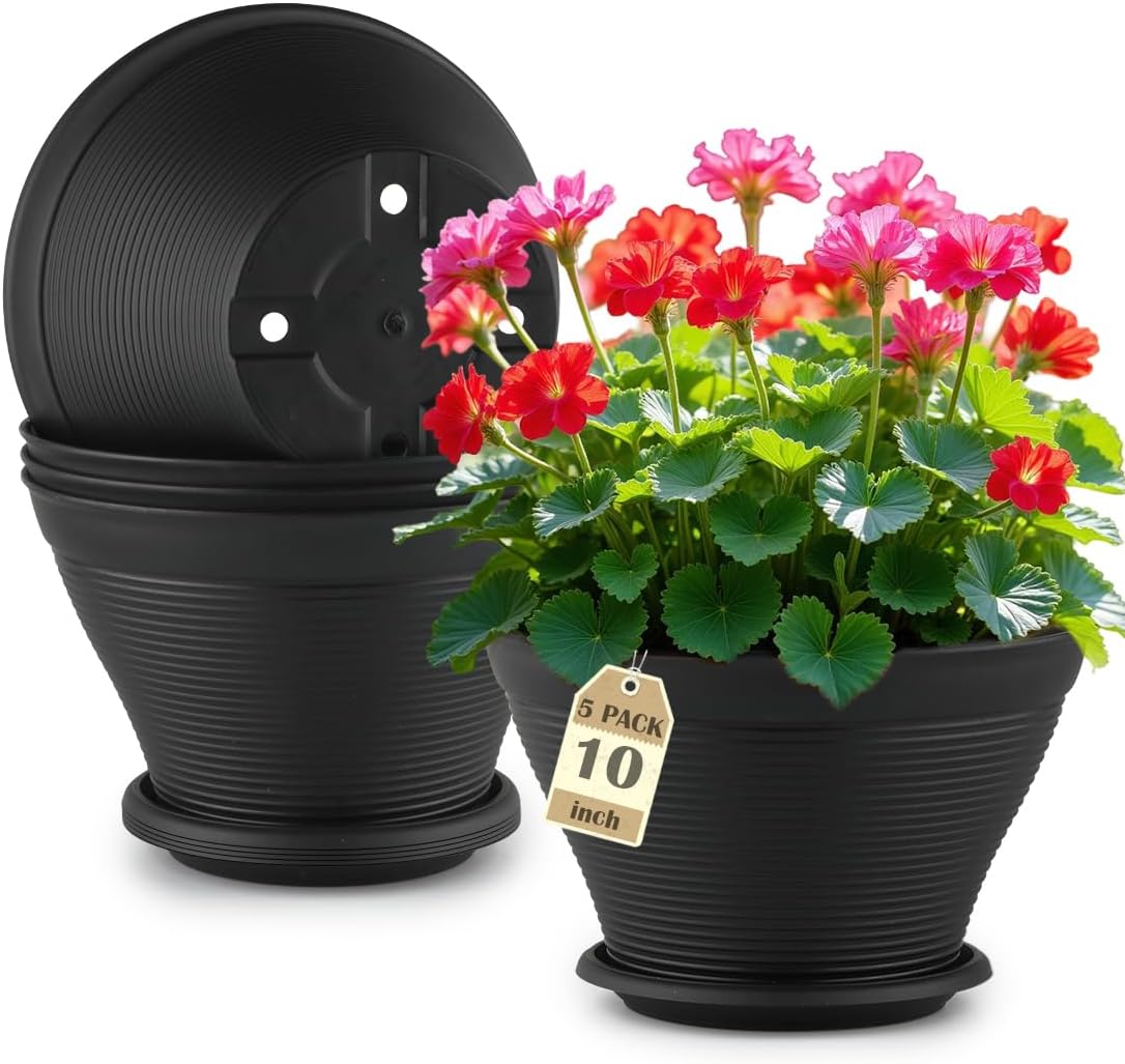 5 pack 10 inch plant pots with saucers, plastic flower pots with drainage holes, large planters for indoor outdoor garden, house plants, flowers, herbs, gardening gifts, black black 10 inch-5p
