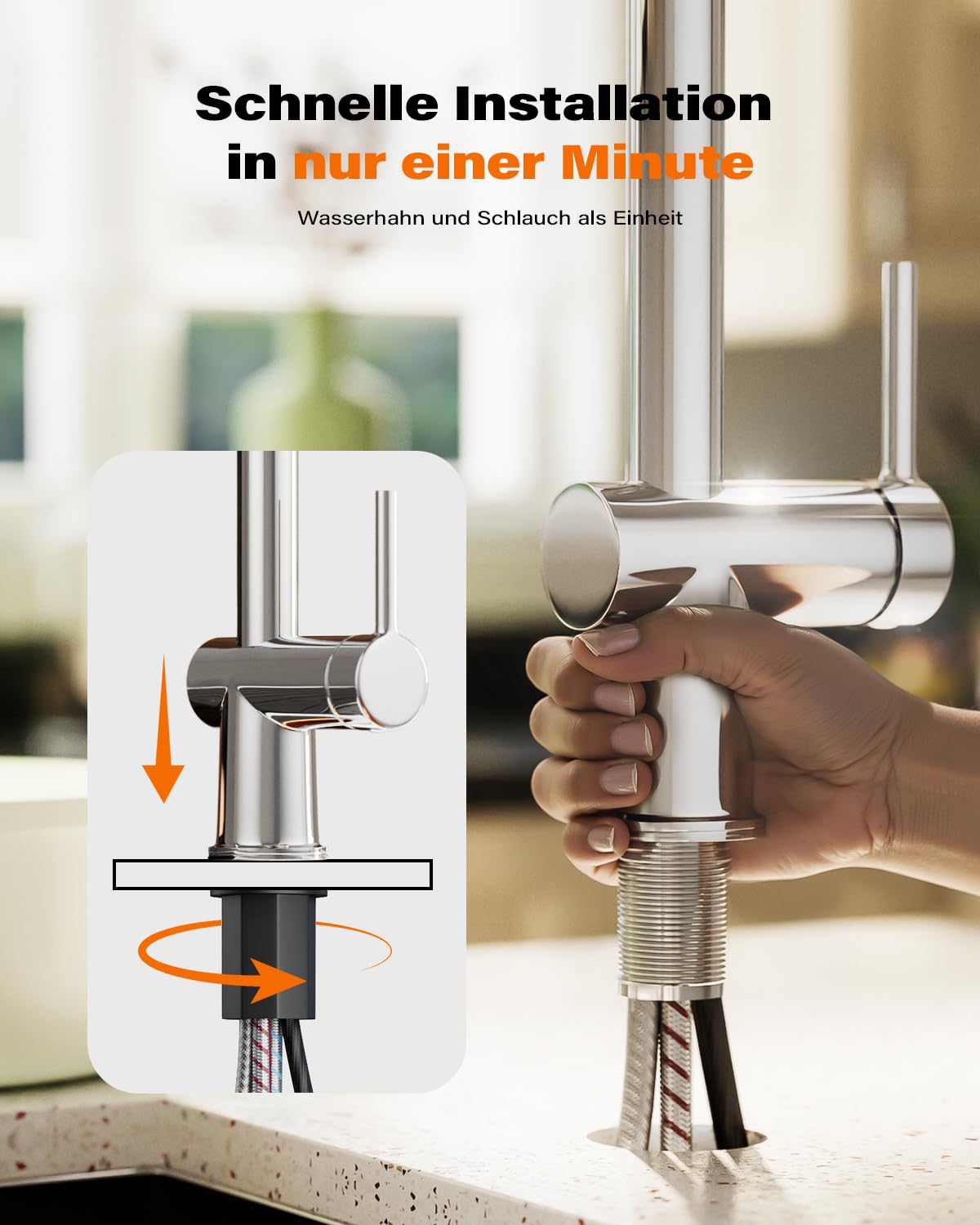 Cobbe Hochdruck Wasserhahn Küche, Küchenarmatur Ausziehbar mit Brause, Spültischarmatur Küche, Armatur Küche 360° Schwenkbar, Mischbatterie Küche Edelstahl (Chrom)