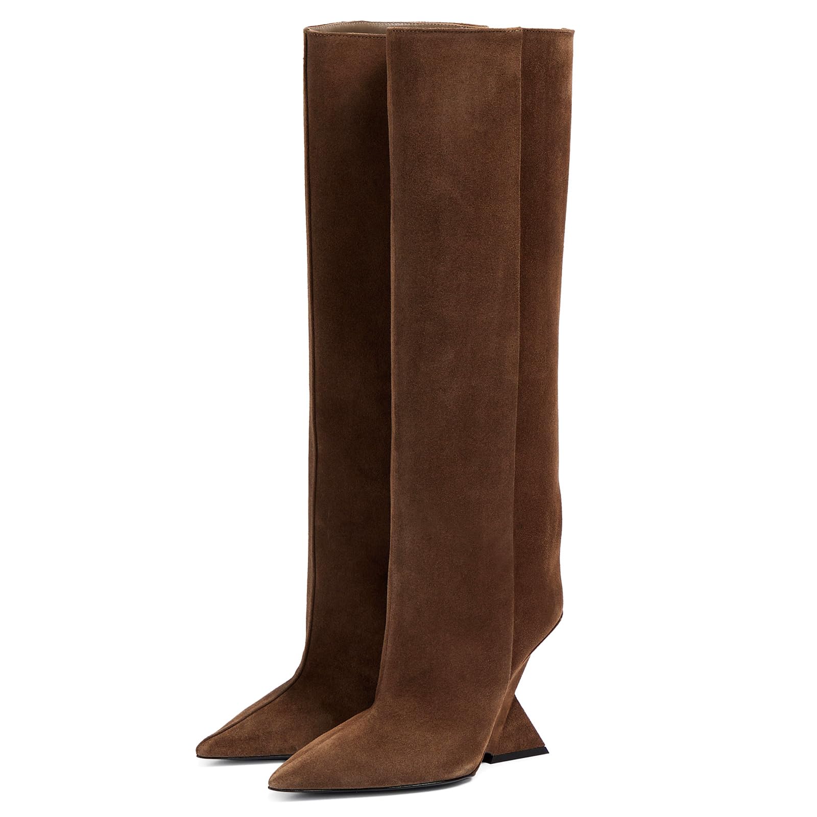 Womens Pointed Toe Wedge Heel Boots Knee High Slope Heel Pull On Boots Fashion Commuter Tall Boots