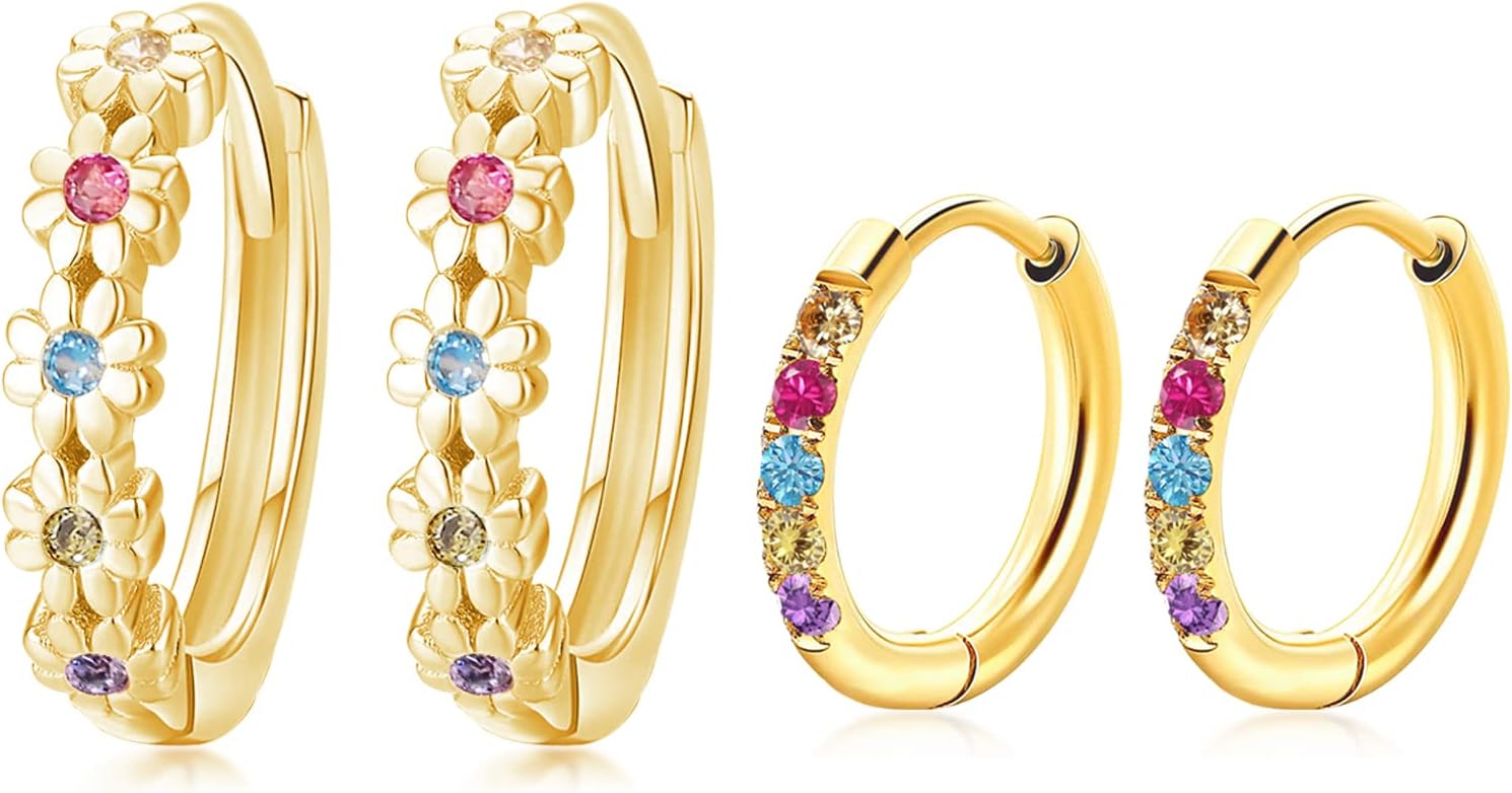 CiNily Small Hoop Earrings for Women Girls Flower Cubic Zirconia Huggie Earrings Hypoallergenic 14K Yellow Gold Plated Cartilage Earrings