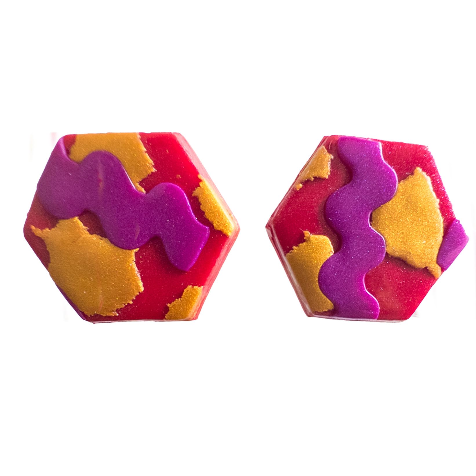 Handmade lightweight hexagon multicolored colorful fun trendy cool statement comfortable casual clay stud earring - Franki (Magenta_Violet)