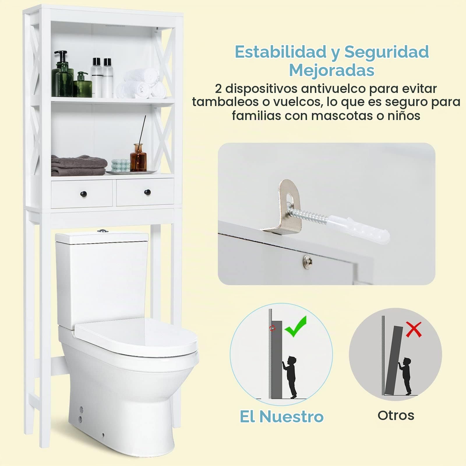 LIFEZEAL Armario sobre Inodoro, Organizador con 2 cajones, Mueble con estantería para baño, Armario de Madera para el Inodoro, Lavadora, 60 x 20 x 165,5 CM, Blanco