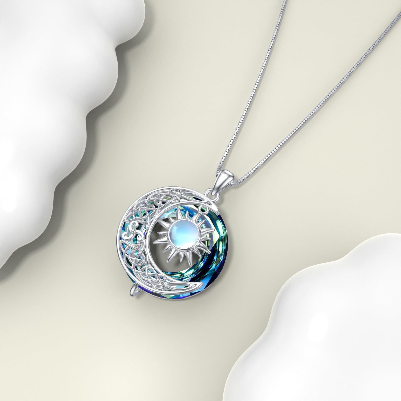 REDSUN Collana con ciondolo a forma di luna e sole, in argento Sterling 925, motivo celtico, con pietra di luna e sole, gioiello regalo per donne e ragazze