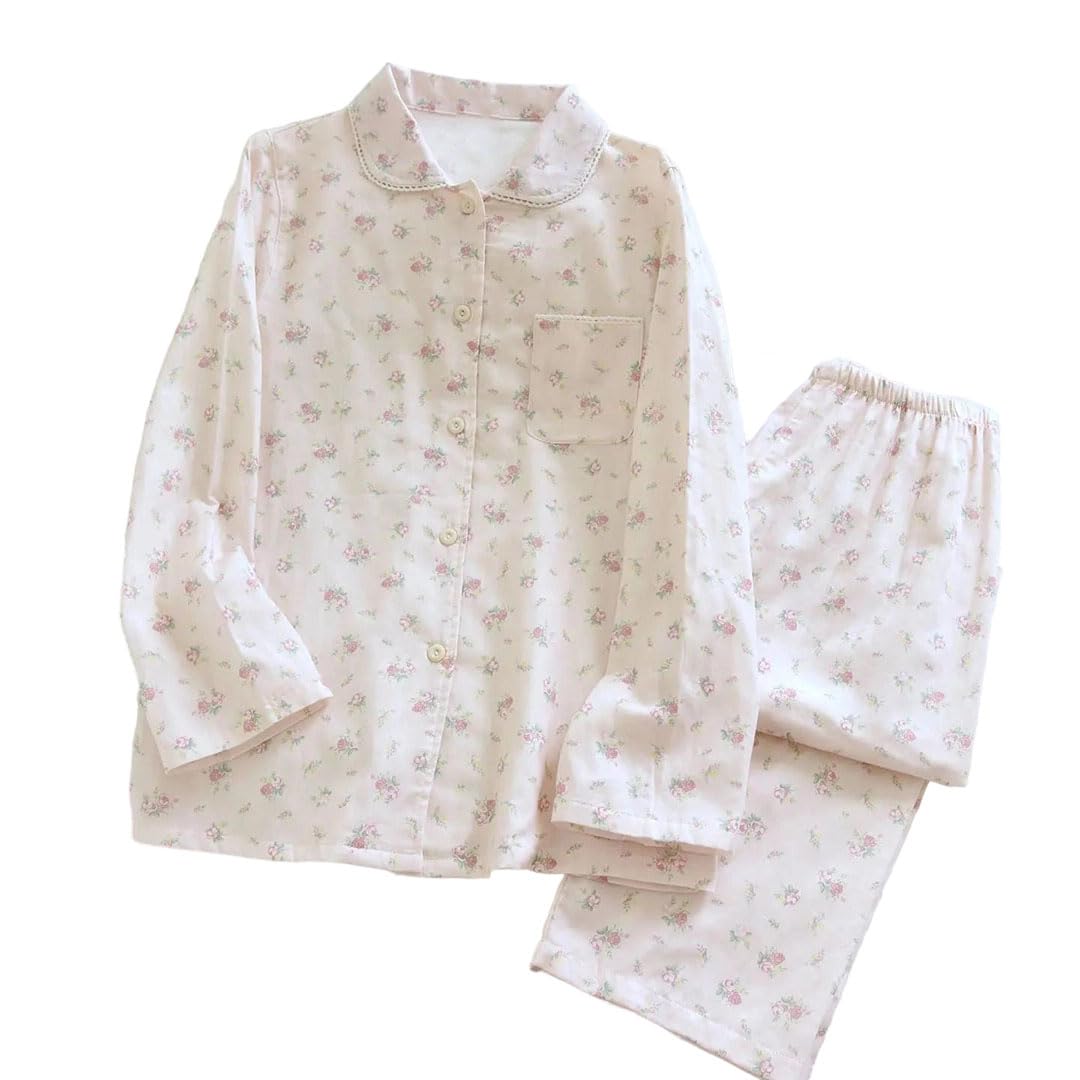 Conjunto de pijama de gasa de algodón para mujer, con encaje floral, manga larga, pantalones de dormir