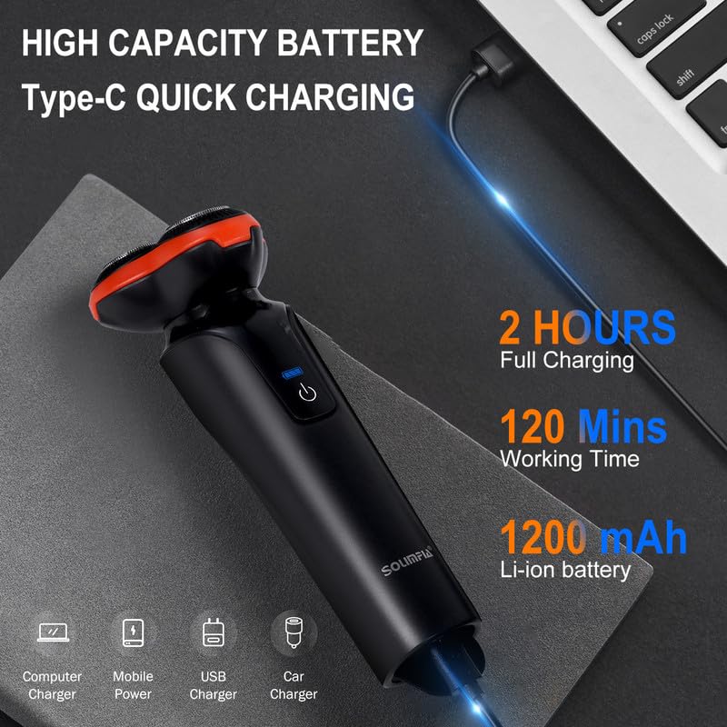 Image of SOLIMPIA HT-921 Cordless Rechargeable Waterproof 3 Head Electric Shaver Wet & Dry Rotary Shavers for Men Super-Fast Charge 120 minutes Runtime with LED Indicator, Red