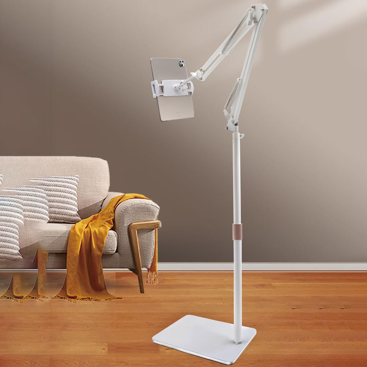Tablet Floor Stand,360 Degree Adjustable Height Stretchable Arm Swivel Dual Holder,Compatible with 4.7-12.9inch Smart Phone/Tablet Kindle ipad Stand Floor (White)