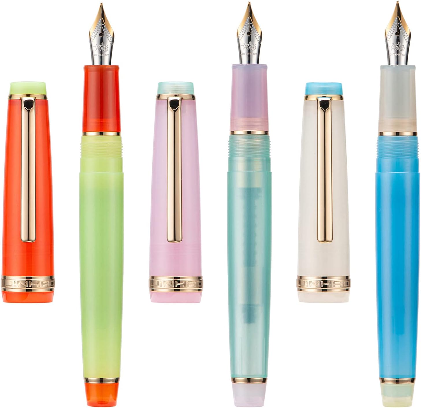 3 Jinhao 82 Fountain Pen Transparent Mixed Macaron Color Acrylic Medium Point Gold Trim with Converter Set thumbnail