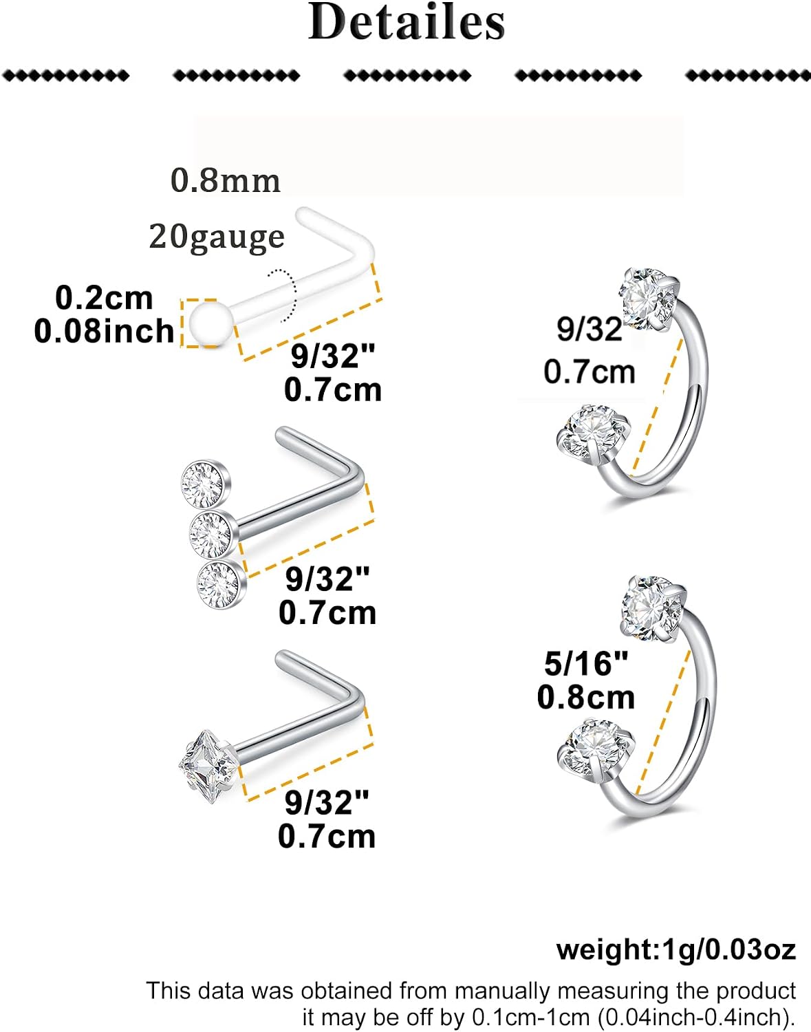 QWALIT 20g Nose Piercing Kit Silver Nostril Ring Piercing Gun Self Horseshoe Nose Ring Double Gem Hoops Double Studs Disposable Nostril Piercings Gun Kits at Home Piercer Changing Threader Screw Ball