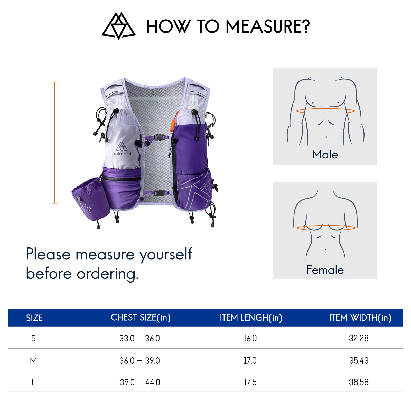 Haimont Gilet d'hydratation avec bouteilles d'eau pour homme et femme, sac à dos léger réglable de 8 l avec bouteilles souples pour course à pied